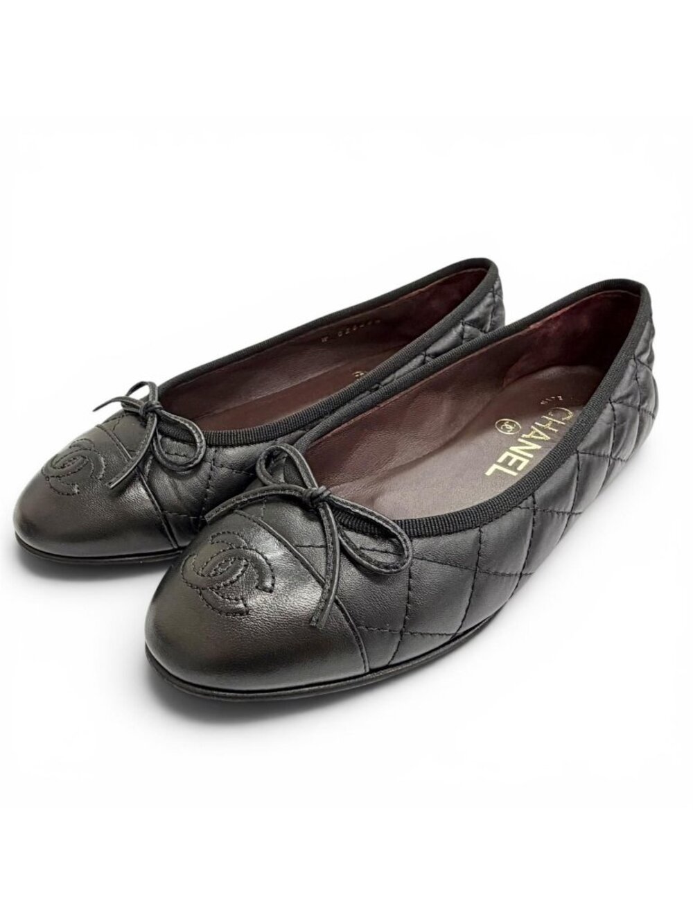 Chanel CC Logo Ribbon Quilted Leather Flat Pumps Black